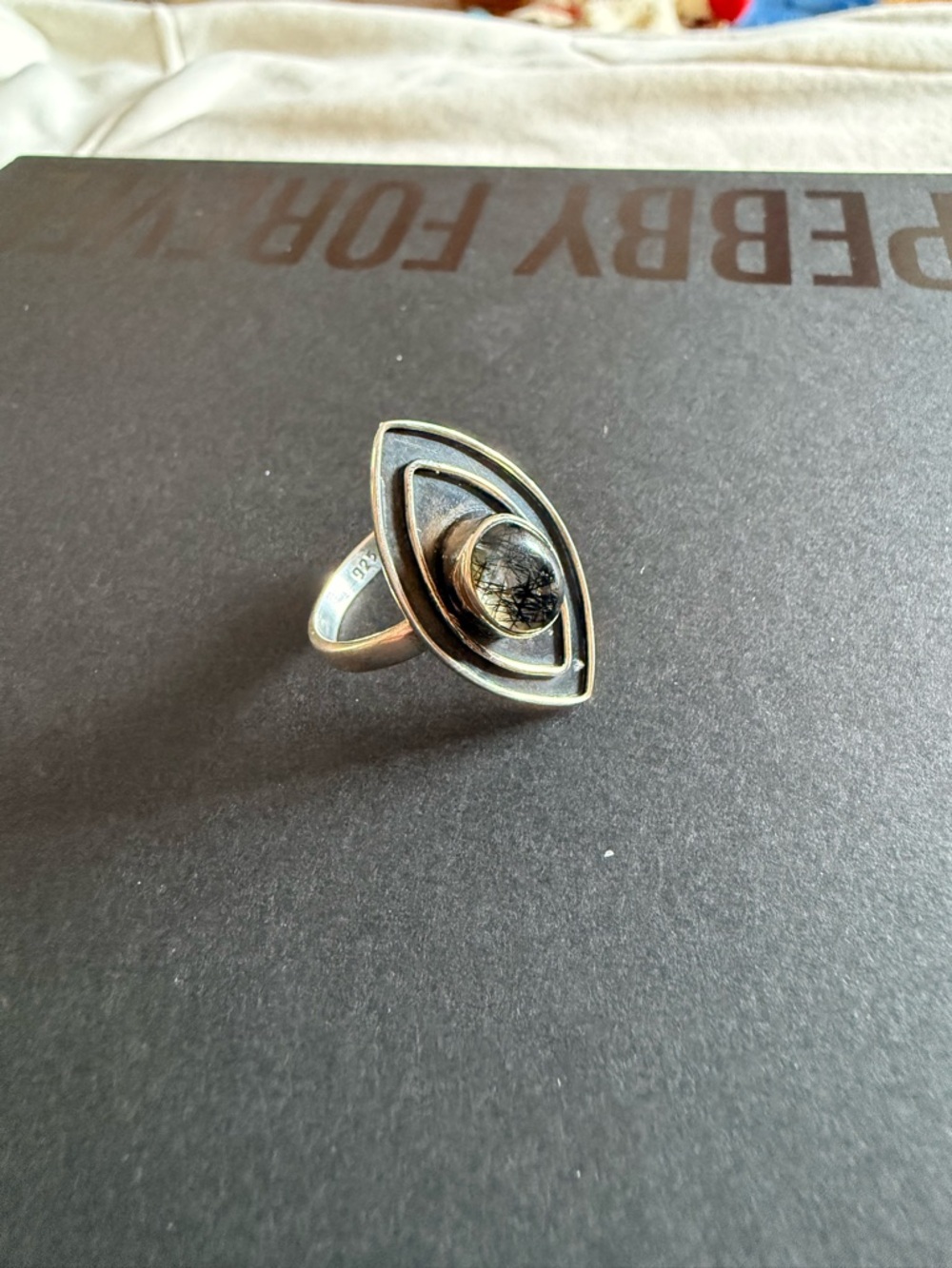 Sterling Silver Ring Black Tourmaline set in Quartz Statement Ring